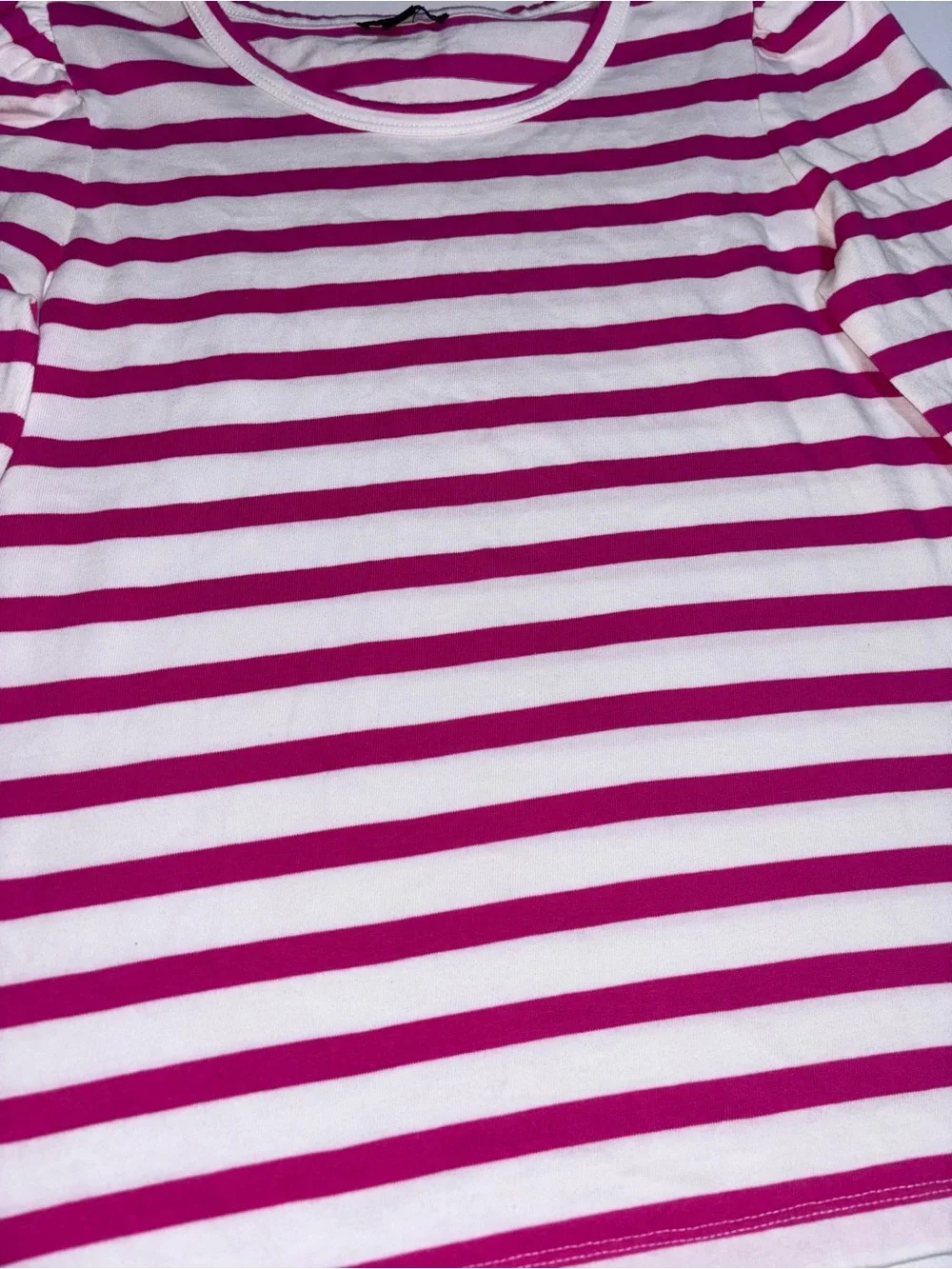 J. Crew Striped Puff-Sleeve 3/4 Sleeve Tee Fuchsia and White - Women’s Small